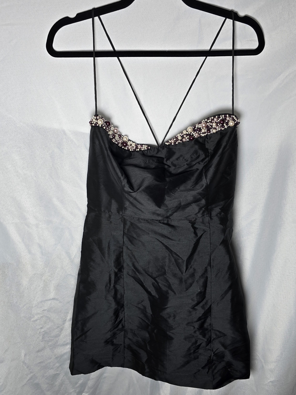 Anthropologie Maeve Beaded Embellishes Sweetheart Neck Strappy Black Mini Dress - Picture 3 of 9
